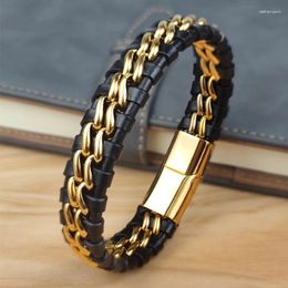 Charm Bracelets Genuine Leather Chain Bracelet For Men Magnetic Stainless Steel Clasp In Plated Gold Exclusive Jewellery Gift Wholesale