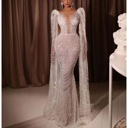 Luxury Mermaid Prom Dresses Sleeveless V Neck Capes Appliques Sequins Beaded Floor Length Diamonds Pearls 3D Lace Evening Dress Bridal Gowns Plus Size Custom Made