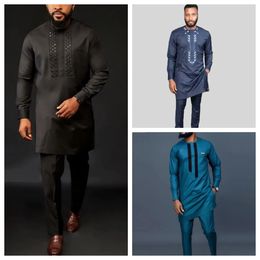 Man Sets Outfit Wedding Africa Beaded Long-sleeved Top Pants Kaftan Traditional Clothing Costoumes Ethnic Casual Mens 2Pcs Suit 240415