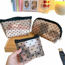 mesh Cosmetic Makeup Bags Case Holder Cute Transparent Zipper Black Heart Printed Pencil Pen Case Pouch Cvenient To Carry a6fz#