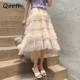 Skirts Qooth Fashion Princess Lace Ruffles Mesh Skirt Sweet Ladies Girl Midi Ball Gown Tulle For Spring Summer QT2311