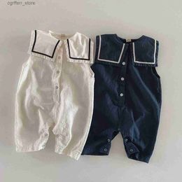 Rompers 6521B Korean Baby Clothes 2023 Summer New Baby Navy Collar Boys One Piece Clothes Casual Girls Jumpsuit L410