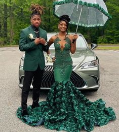 Hunter Green Rose Long Prom Dress For Black Girls 2024 Luxury Sheer Neck Crystal Beaded African Birthday Queen Evening Gown Robe De Soiree