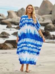 Neck Blue Boho Dress Kaftan Beach Cover Up 2024 Summer Women Wear Tunic Oversize Bikini Cover-ups Robe De Plage Sarong