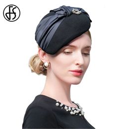 FS Elegant Beret Church Derby Hats For Women Wool Felt Cap Fascinators Ladies Cocktail Tea Party Fedoras Chapeau Femme 240412