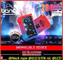 Bang Disposable deuice 20000 puff 20K Puffs LCD screen Disposable Vape Pen Authentic Vapers Mesh Coil Rechargeable E Cigarettes 0% 2% 3% 5% 12 Colours