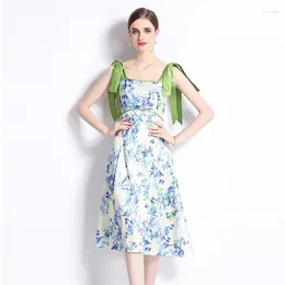 Casual Dresses Ladies Vintage Summer Flowers Print Vacation Midi Dress Bohemian Women Sleeveless Tank Square Collar High Waist Floral