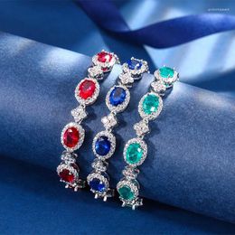 Link Bracelets EYIKA Luxury Women Lab Sapphire Ruby Emerald Bracelet CZ Flower Heart Chain Wedding Valentine's Day Gift Jewellery