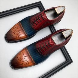 Dress Shoes Spring And Autumn's Collection: Men's Handcrafted Business Suit In Genuine Leather With Square Heel Block Carving