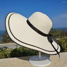 Wide Brim Hats Ribbon Bow Tie Straw Hat Casual Portable Summer Cap Large Travel Sun Women