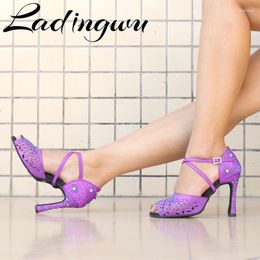 Dance Shoes Ladingwu National Standard Purple Chameleon Satin Latin Salsa Women's Sandals Sparkle Rhinestones