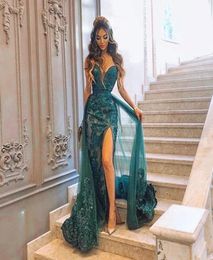 2021 Dark Hunter Green Charming Mermaid Evening Dresses Wear Sweetheart Side Split Prom Gowns Overskirts With Detachable Train Lac7290929