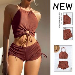 2024 New Solid Color Suspender Neck Hanging Bikini Split Swimsuit F41626