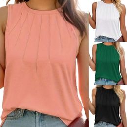 Women's T Shirts Women Summer Pleated Neck Basic T-Shirt Solid Colour Blouses Sleeveless Casual Regular Fit Top Undershirt