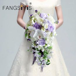 Decorative Flowers European Wedding Water Drop Style Bridal Bouquet Artificial White Purple Flower Lavender Waterfalls Holding With Green