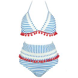 2024 High Waist Bikini Striped Plush Ball Swimsuit Split Two Piece Set F41650