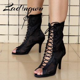 Dance Shoes Ladingwu 2024 Latin Boots Women Black Satin And Mesh Salsa Girls Ballroom Sandals