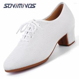 Dance Shoes Women's Ballroom Practise Closed Toe Lace-up Modern Salsa Teaching Professional Performance White High Heels