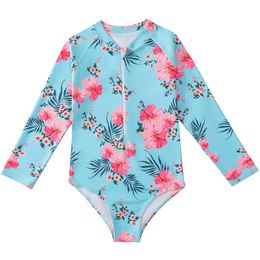 Kids Girls Onepiece Swimsuit Long Sleeve Front Zipper Print Swimwear Swimming Bathing Jumpsuit Bodysuit Beachwear Suits 240416