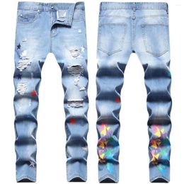 Men's Jeans Hip Hop Trend Men Four Ripped Stars Digital Print Small Straight Leg