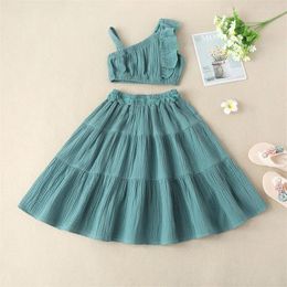 Clothing Sets Fashion Toddler Girls Summer Outfit Sleeveless One Shoulder Ruffle Camisole Solid Color A-Line Skirt 2-7 Years