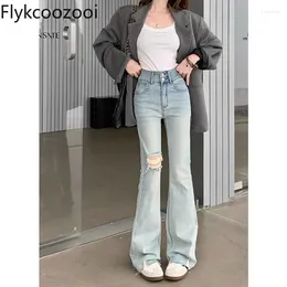 Women's Jeans Flykcoozooi Solid High Waist Retro Stretch Denim Flare Pants Straight Vintage Summer Thin Jean 2024 Female Clothes