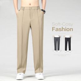 Autumn Mens Business Straight Suit Trousers Elastic Waist Drape Loose Casual Stitching Khaki Black Pants Brand Clothing 240415