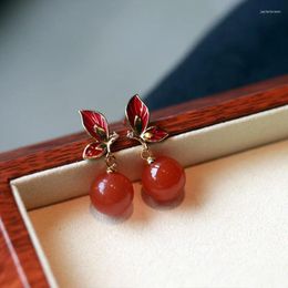 Dangle Earrings In Butterfly For Women Natural Chalcedony Red Bead Ear Studs Exquisite And Simple Vintage Silver Jewellery