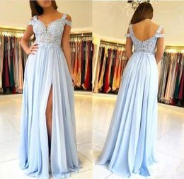 2019 Sky Blue A Line Prom Dresses Lace Applique Cap Sleeves Backless Side Split Floor Length Chiffon Plus Size Pageant Party Eveni7621635