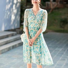 Casual Dresses Real Silk Women's Floral Print Dress Spring Summer V-neck Elegant For Women Vintage High Waist Woman Long