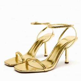 Sandals Womens gold high heels sandals unique square toes ankles belt elegant suspenders sandals sexy dance party sandals J240416