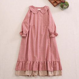 Casual Dresses Vintage Plaid Cotton Loose Long Sleeve Midi Dress Japan Sweet Mori Girl