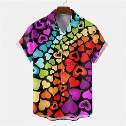 Men's Casual Shirts Mens Shirt Summer Hawaiian Heart Pattern Lapel Rainbow Street Short Sleeve Button Print Fashion Clothing 240416