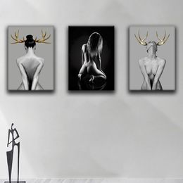 Fashion Nude Woman Canvas Wall Art Painting Black and White Sexy Naked Model Poster Modern Beauty Body Prints Photography Wall Pictures for Bedroom Decor