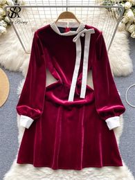 Casual Dresses SINGREINY French Vintage Velvet Dress Women Year Pearls Long Sleeve Senior Fashion Solid Stand Collar Beading Party
