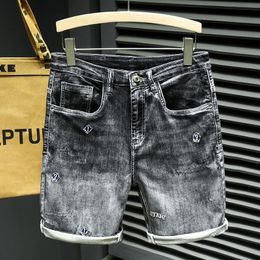 Summer Men Embroidered Letters Denim Shorts Fashion Casual Straight Stretch Comfortable Male Jeans Streetwear 240411