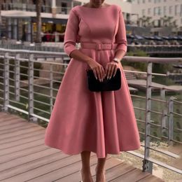 Casual Dresses 2024 Solid Business Dress Women O-Neck 3/4 Sleeve Tight High Waist Belt Ruffle Hem Long Maxi Party Work