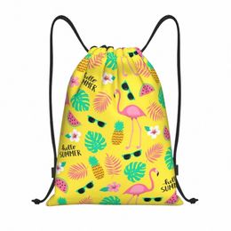 custom Flamingos And Leaves Drawstring Bag Men Women Lightweight Tropical Pine Pattern Sports Gym Storage Backpack J425#