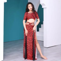 Stage Wear Leopard Printed Belly Dance Training Clothing Stretch Class Bellydance Costume 2pcs Crop Top Long Skirt Sexy Mesh Outfit