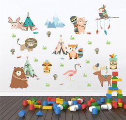 Funny Animals Indian Tribe Wall Stickers For Kids Rooms Home Decor Cartoon Owl Lion Bear Fox Wall Decals Pvc Mural Art2151724