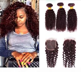 99j burgundy brazilian kinky curly virgin hair with 4x4 closure brazilian human curly hair weave 3 bundle with middle three l9340731