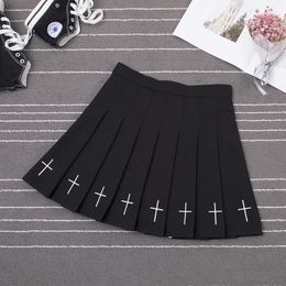 Women Harajuku Sweet Fresh Feeling High Waist Pleated Skirt Elastic Cross Embroidery 240416