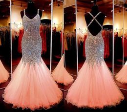 Tulle Spaghetti Straps Neckline Floorlength Mermaid Prom Dress See Through Bling Bling Crystals Beading Evening Dress Open Back2697596