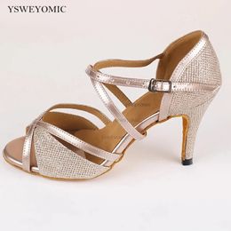 Women Ballroom Dance Shoes Gold Glitter Latin Salsa Tango Swing Rumba Waltz Peep-toe Dancing Sandals 5-10cm heel 240402