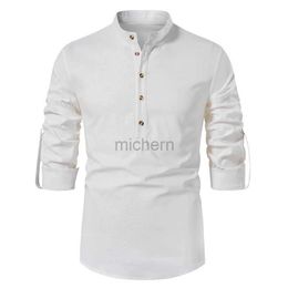 Men's Casual Shirts White Roll Up Mandarin Collar Dress Shirt Men 2024 Brand Cotton Linen Henley Business Male Chemise Homme 240416