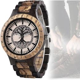 Wristwatches Viking Mens Wooden Watches Yggdrasil Tree Of Life Tattoo Watch Face Retro Rune Men's Wrist Gift Box