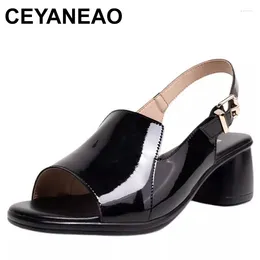 Sandals Outer Wear Women's Summer Mid-heel Leather Back Empty Thick Heel Buckle Belt Fashion Soft Leath