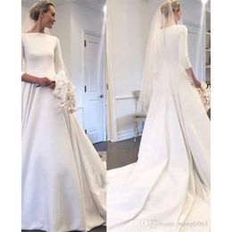 Satin Neue bescheidene Brautkleider Batteau Hals Langarm bedeckte Knöpfe Hintergarten weiße Brautkleid Vestido de Noiva