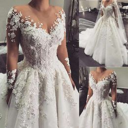 Floral A D Appliques Line Wedding Dresses Sheer Sleeves Long Tulle Bridal Gowns Pretty Lace Bride Formal Dress Court Train Plus Size Robe De Mariee