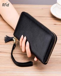 Ladies Wallet Cowhide Lychee Pattern RFID Antitheft Brush Zipper Tassel Clutch Bag With Wrist Strap ANSPLA2189583042